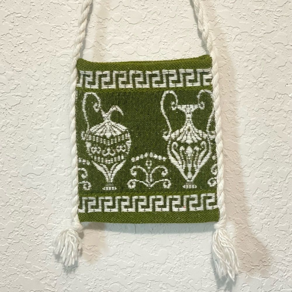 Made in Greece Boho Hippie Bag Crossbody Size Small 8"X9" Green and white
